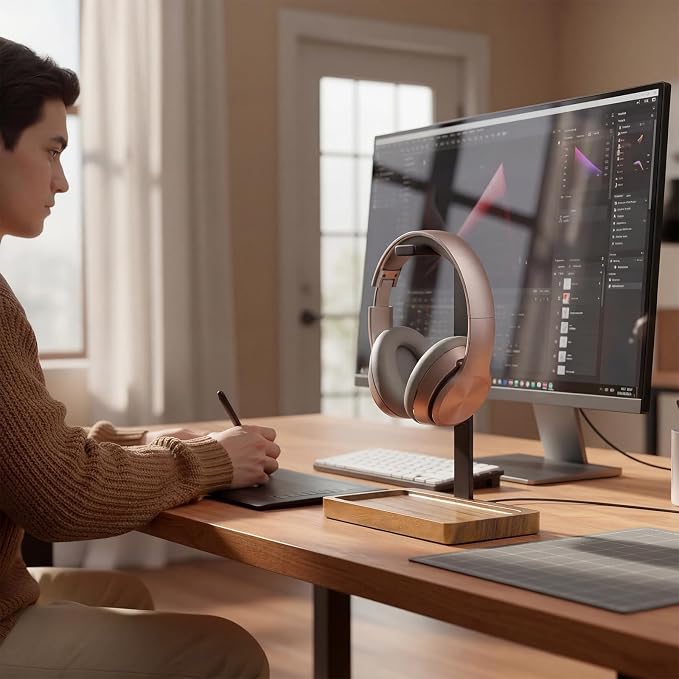 Wood Headphone Stand, Walnut Headset Stand for Desk, Universal Headphone Holder with Storage Base for Gaming, Music Headsets(Light Brown)