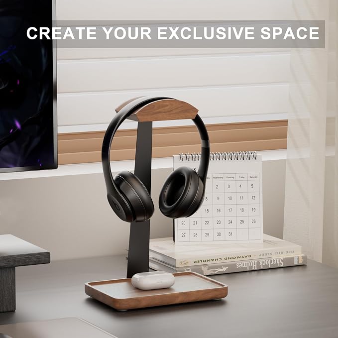 Wooden Headphone Stand, Wood Headset Stand for Desk, Universal Headphone Holder with Storage Base for Gaming, Sony,Bose