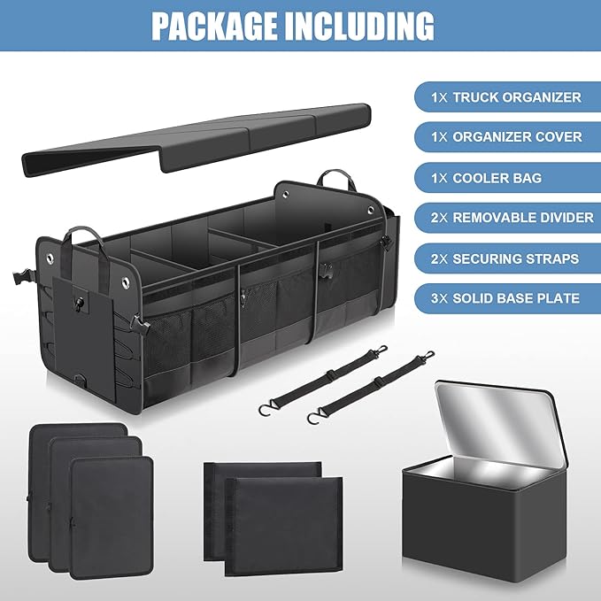 Car Trunk Organizer with Lid & Removable Leakproof Cooler Bag，Foldable Cover,Large Trunk Organizers,Multi-Compartment Collapsible Cargo Storage Organizer for SUV,Van,Truck,Sedan(3 Compartments,Black)