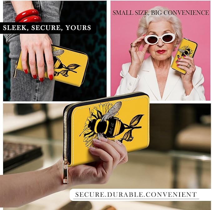 RFID-Blocking Zip Around Wallets for Women with Detachable Wrist Strap,Large Capacity Phone Holder with Card Organizer & Coin Pocket,Honeybee Flower