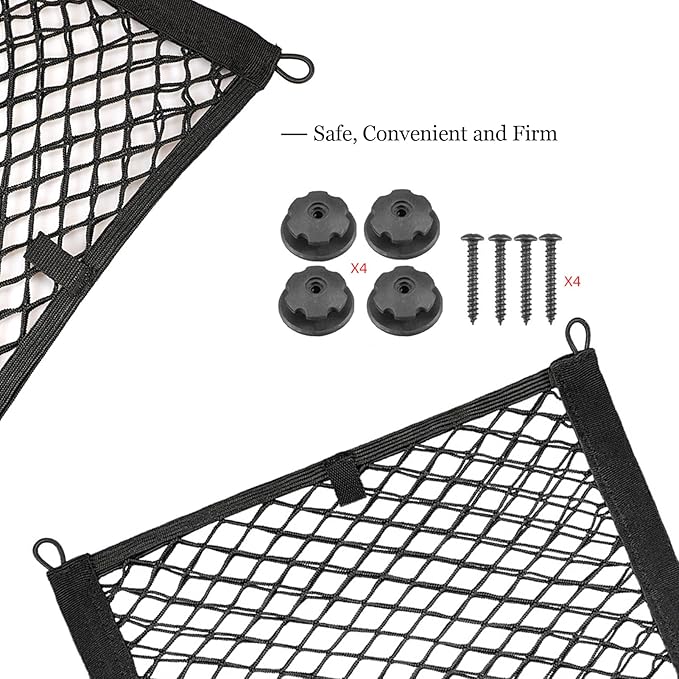 2 Pack Universal Mesh Cargo Net，BetterJonny Stretchable Elastic Automotive Cargo Nets with 8 Pieces Mounting Screws and Hooks for Car Trunk Storage Mesh Pocket Net (Black)