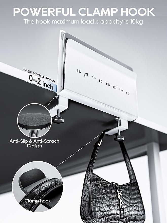 Under Desk Laptop Mount, Hanging Organizer with 2 Under Desk Hooks, Side Storage for Laptops, 22 lb Load Capacity [White]