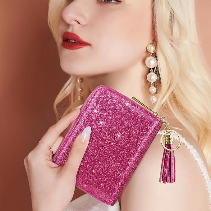 Coco Rossi Leather Credit Card Wallet for Women, RFID Blocking Zipper Cards Holder with Tassel, Rosy Glitter