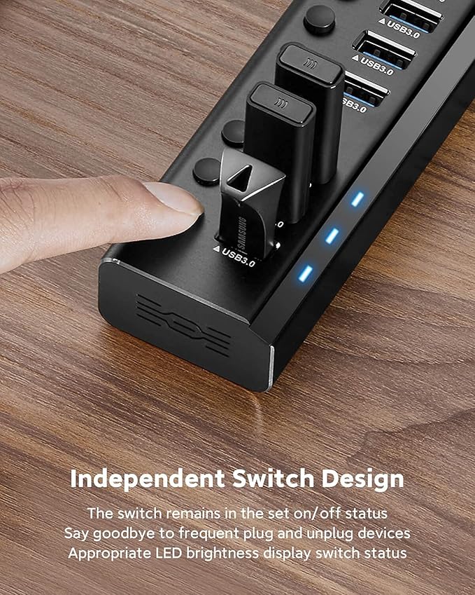 USB Hub 3.0 Powered Rosonway Aluminum 7 Ports USB 3.0 Data Hub Splitter with 24W (12V/2A) Power Adapter and Individual On/Off Switches USB Port Expander for PC and Laptop (RSH-A37S) (Pack of 2)