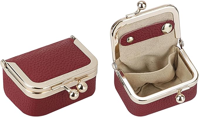 Royal Bagger Genuine Cow Leather Mini Jewelry Box Women's Coin Purse Solid Color Kiss Lock Change Pouch Casual Style Small Storage Bag for Women 1894 (Wine Red)