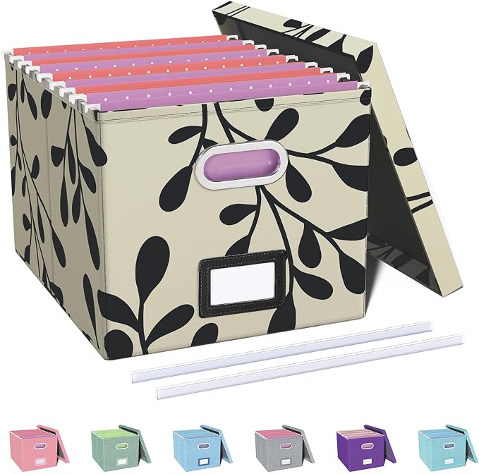 Oterri File Organizer with Lid, File Box, File Cabinet for Letter File Folder Storage, Hanging File Organizer for Office/Decor/Home,Document Organizer, 1 Pack,Leaf Black/Cream-Box Only