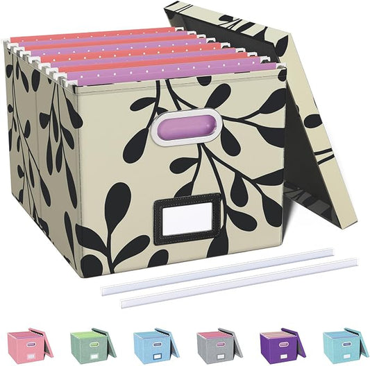 Oterri File Organizer with Lid, File Box, File Cabinet for Letter File Folder Storage, Hanging File Organizer for Office/Decor/Home,Document Organizer, 1 Pack,Leaf Black/Cream-Box Only