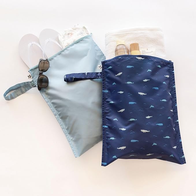 Tiny Twinkle Mess Proof Wet Bags | 2-Pack Reusable Waterproof Wet Bags for Swimsuits | Baby Clothes | Travel & Diaper Bag (Ocean)