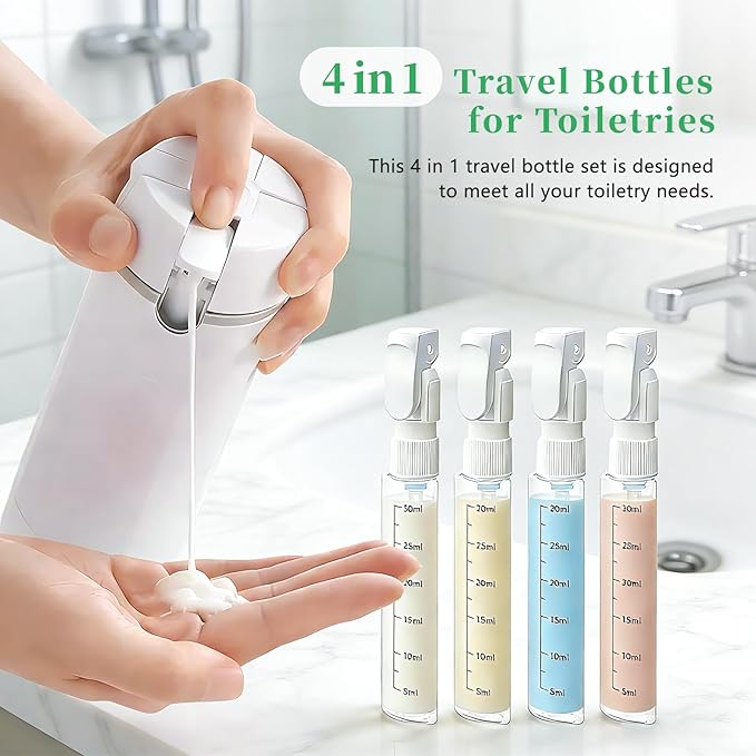 4 in 1 travel bottle,Travel Bottles for Toiletries,Refillable, Leak Proof and Portable,Suitable for Storing Shampoo, Shower Gel, Laundry Detergent, Suitable for Travel, Camping and Gym (Gray)