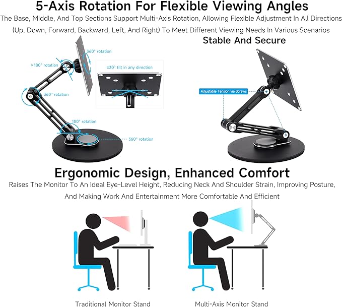 VESA Monitor Stand Portable & Adjustable Stand, Compatible With Monitors Up To 19inch, Supports Multi-axis Rotation, Weighted Base And Ergonomic Design, Foldable For Easy Storage