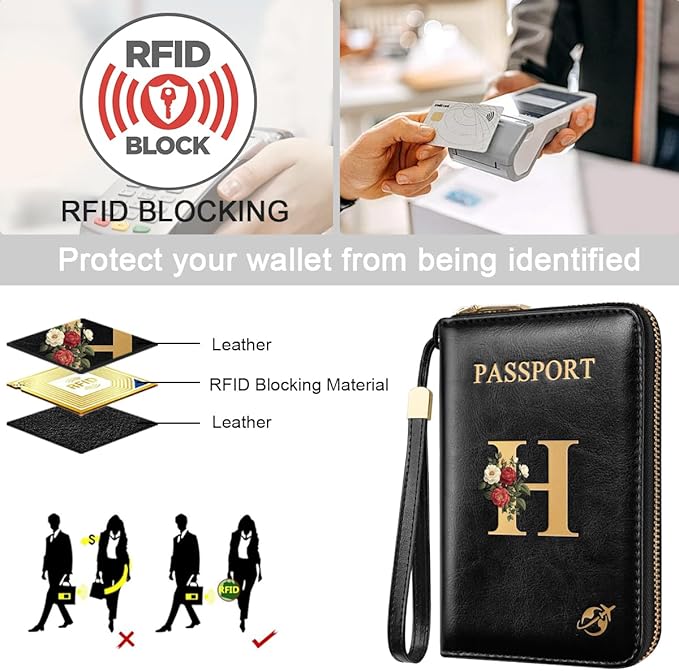 Passport Holder for Travel Wallet Women Zipper Wallets Personalized Passport Holder Cover Initial Letter Rose Flower Passport Book Holders RFID Blocking Credit Card Holder, H