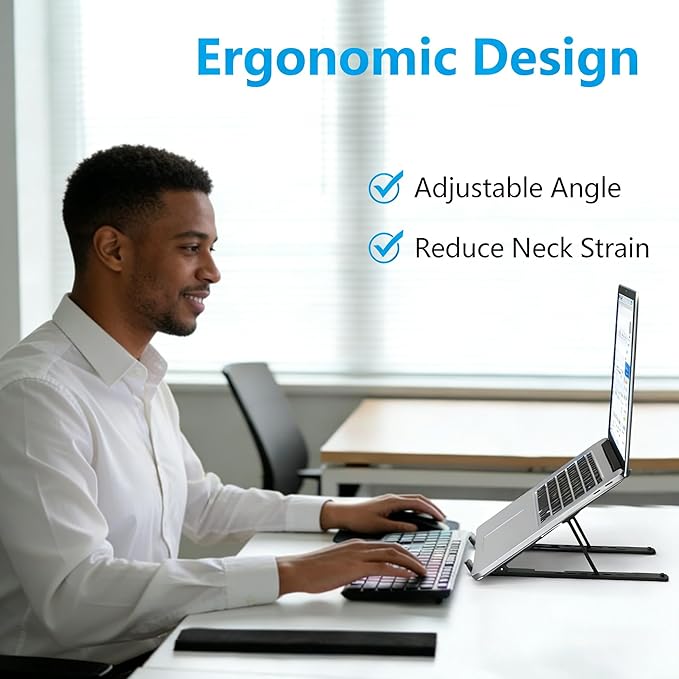 Ergonomic 7-Levels Angles Adjustable Laptop Stand, Portable Laptop Stand for Desk, Aluminum + Silicone Foldable Ventilated Cooling Laptop Riser for 10-17” Laptops, Tablets (Black