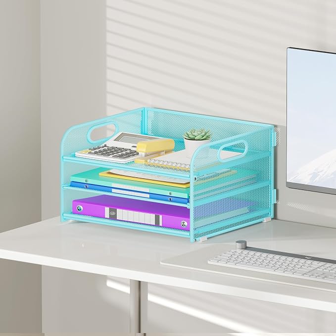 Cawukege 3 Tier Paper Organizer with Handle, Metal Desk Organizer Mesh Paper Letter Tray Desktop File Folder Document Sorter for Classroom, School, Office Accessories Storage (1, Blue)