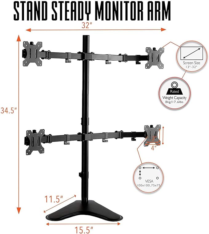 Stand Steady 4-Monitor Mount | Height-Adjustable Stand with Stabilizing Base - Fits Most LCD/LED Monitors 17-32 in (Black)