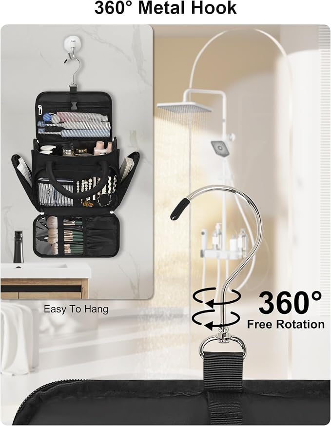 Travel Toiletry Bag for Women with Hanging Hook, Large Wide-open Travel Bag with 2 Removable Dividers, Puffy Makeup Bag Organizer with Compartments for Full Sized Container, Cosmetics, Toiletries