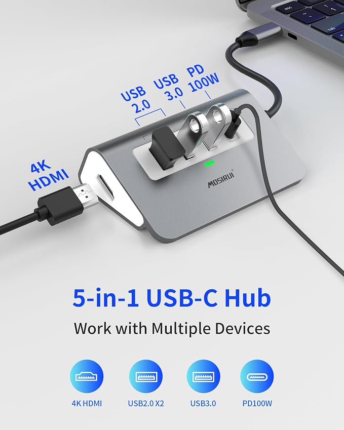 USB C Hub, 5-in-1 USB C to 4K HDMI, Hub Multiport Adapter with 100W Power Delivery, 5Gbps USB-A3.0 & 2 USB-A2.0, Aluminum, Case Type C Hub Docking Station for Laptop/Desktop/PC/MacBook/Dell/HP/Lenovo