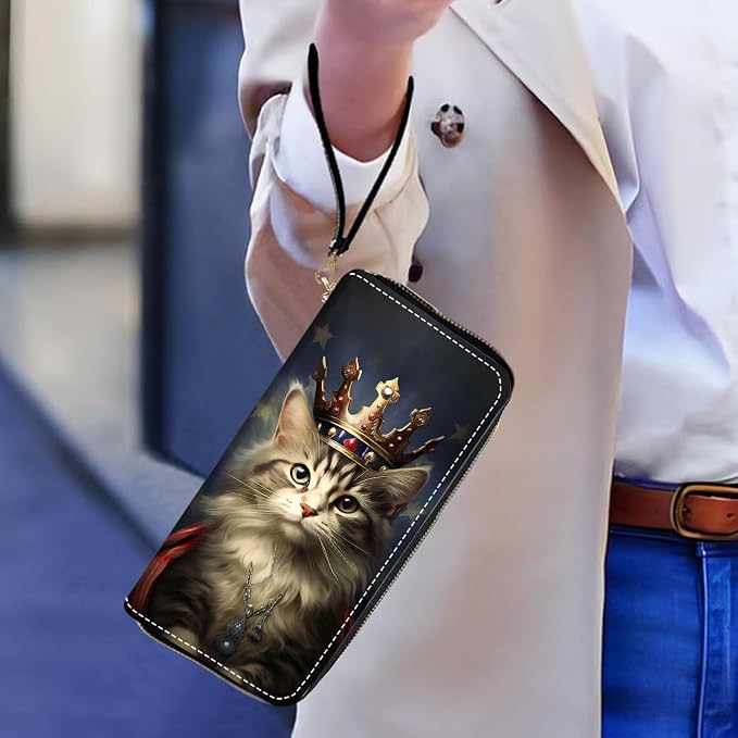 Women's Large Capacity Wallet PU Leather Zip Around Clutch Purse Multifunctional Wallet with Removable Wristlet Strap for Smart Phone/Coin/Card/Cash, Cat Wearing Crown