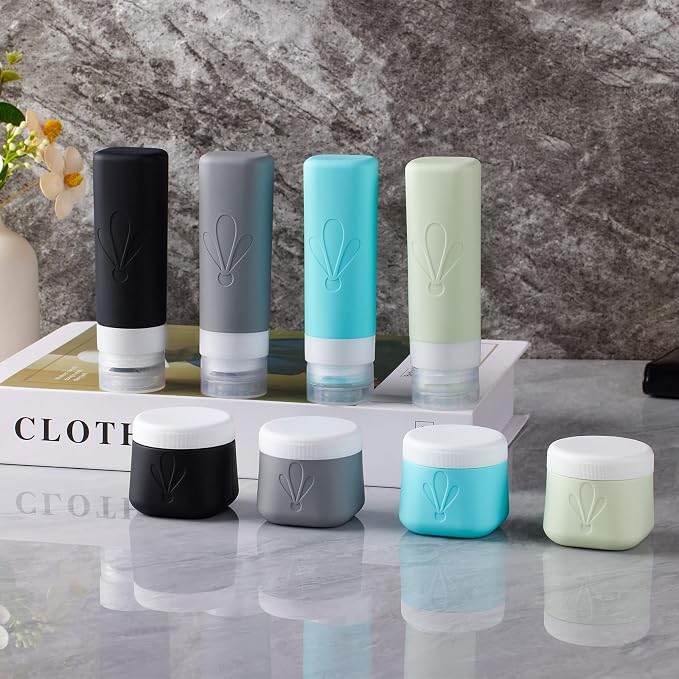 INSFIT travel bottles for toiletries 8 Pack, Leak proof Travel Size Toiletries Containers with toiletry bag, Squeezable Silicone Bottles & Cream Jars, Travel Essentials BPA-Free kit for Shampoo