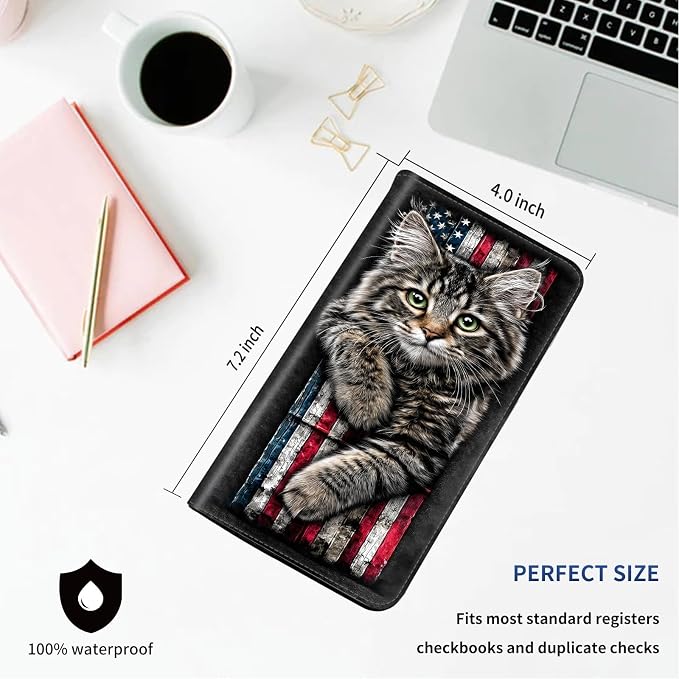 DEGDFSGR Checkbook Cover PU Leather Checkbook Covers for Women for Duplicate Checks, Check Book Covers with RFID Blocking Function for Personal Checkbook, American Flag Cat