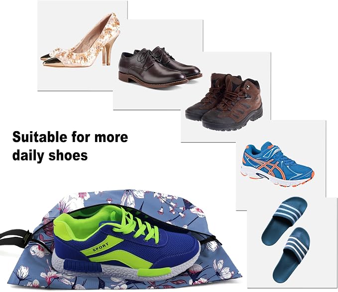 BeeGreen Shoe Bags 6 Pack Flower Design for Travel with Handle as Packing Organizers for Suitcase and Luggage | Portable Nylon Storage Accessories for Vacations, Essential Gifts for Women and Men