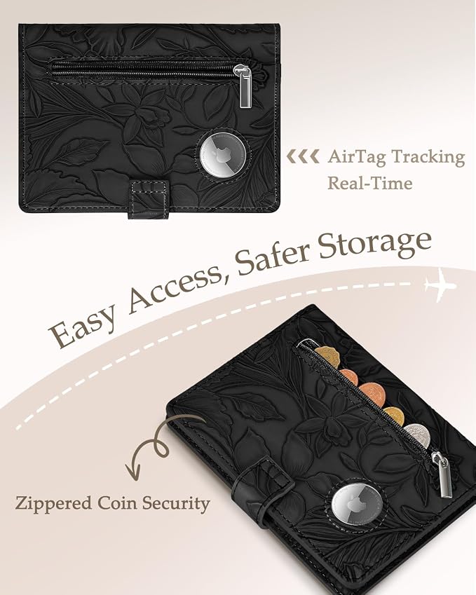 Slohif Floral Embossed Passport Wallet - Elegant Passport Wallet with AirTag Holder & RFID Blocking Slim Vegan Leather Passport Cover with Money Pocket and Card Slots Matte Black