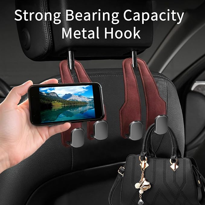 Car Seat Headrest Hooks for Purses and Bags, 2 Pack Bag Purse Holder for Car With Double Metal Hooks, Car Purse Hanger, Headrest Back Seat Handbags Hook Cute Hanging Accessories, hot pink