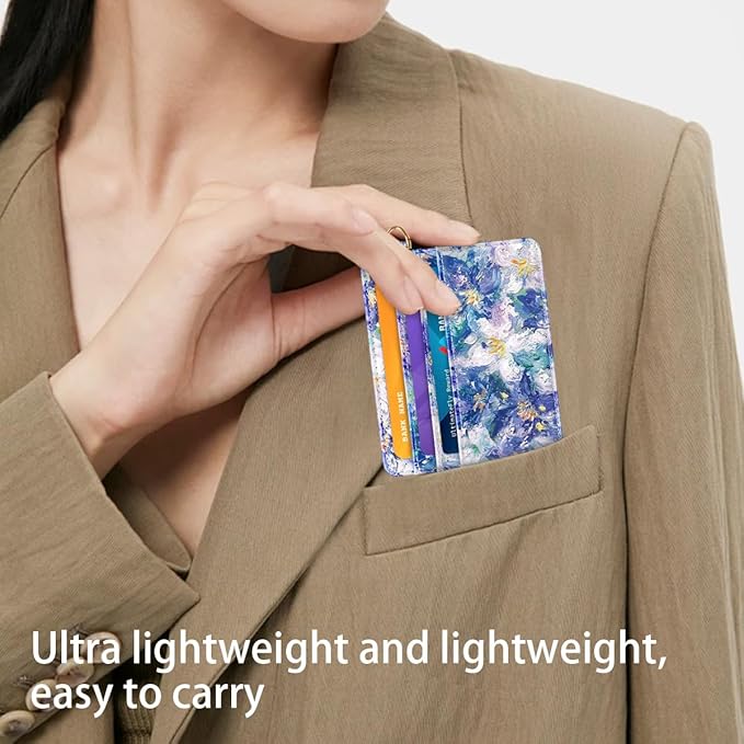 Slim Minimalist Front Pocket RFID Blocking Credit Card Holder Small Wallet Cute Card Cases for Women,Blue Flowers