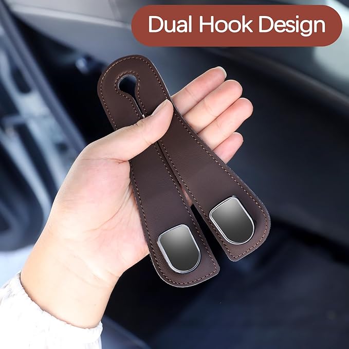 JOJOY LUX 2025 Automotive Seat Back Hooks,Leather Car Seat Hooks,Dual Headrest Organizer Hangers for Purses, Bags & Phones, 2 in 1 Car Headrest Hidden Hook for Tidy Organization,Pack of 2(Mocha)