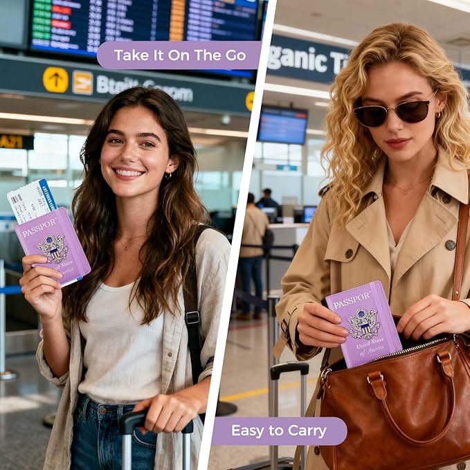 Cnycmy Passport Holder for Travel, Pu Leather Travel Wallet, RFID Blocking, Metal United States Coat of Arms, Waterproof cover for Family (Purple)