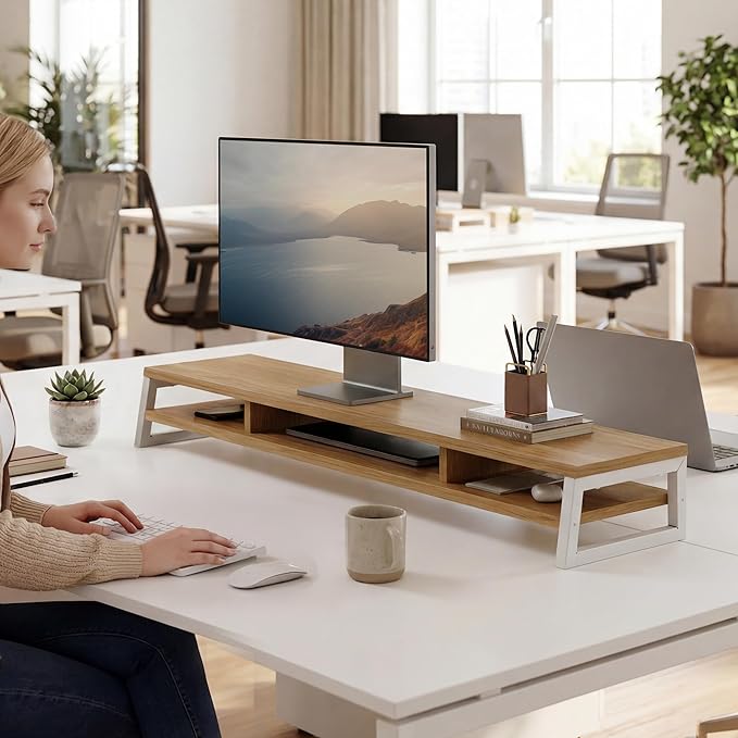 Fenge Dual Monitor Stand for Desk, 42.5in Large Monitor Riser for 2 Monitors, 2 Tier Computer Office Desk Top Shelf, Desktop Storage Stand for Laptop, PC, Computer, Printer