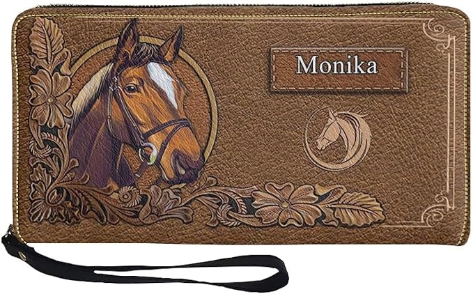 Bulopur Custom Name Wallet for Women Large Capacity RFID Phone Holder Horse Clutch Purse Long Wallet Credit Card Holder Coin Money Clip PU Leather Zip Around Wristlet Wallets