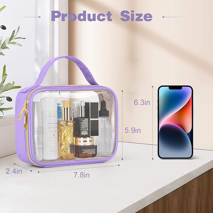 Wedama TSA Approved Toiletry Bag, 3 Pack Clear Makeup Bags with Handles, Quart Size PVC Clear Cosmetic Bags for Women and Men, Carry on Airport Airline Compliant Bag, Purple