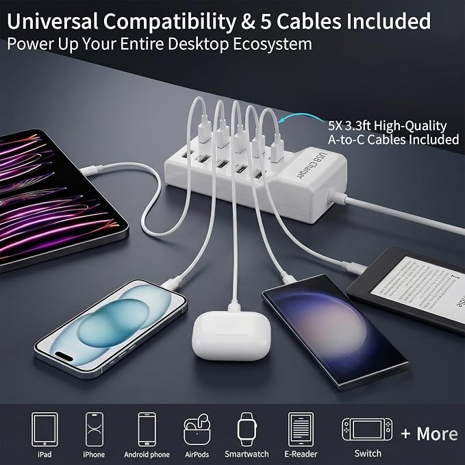 10-Port USB Charging Station 50W 10A with 5-Pack USB-A to C Cables, Ultra-Compact Multi Device Charger Block, Desktop Charging Hub Organizer for Phone, Tablet, Earbuds (White)