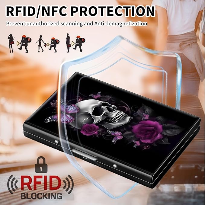 RFID Credit Card Holder,Small Metal Credit Card Case Wallet,Slim Mini Business Card Holder Organizer Hard ID Case Security wallet for Men Women -Sugar Skull Butterlies Floral