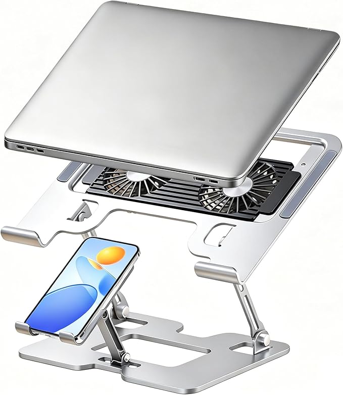 Ergonomic 2-in-1 Laptop Stand for Desk with Fans,Adjustable Laptop Riser with Phone Holder,Computer Stand for Laptop,Sturdy and Portable Stand,Compatible with All Laptops and Phones White