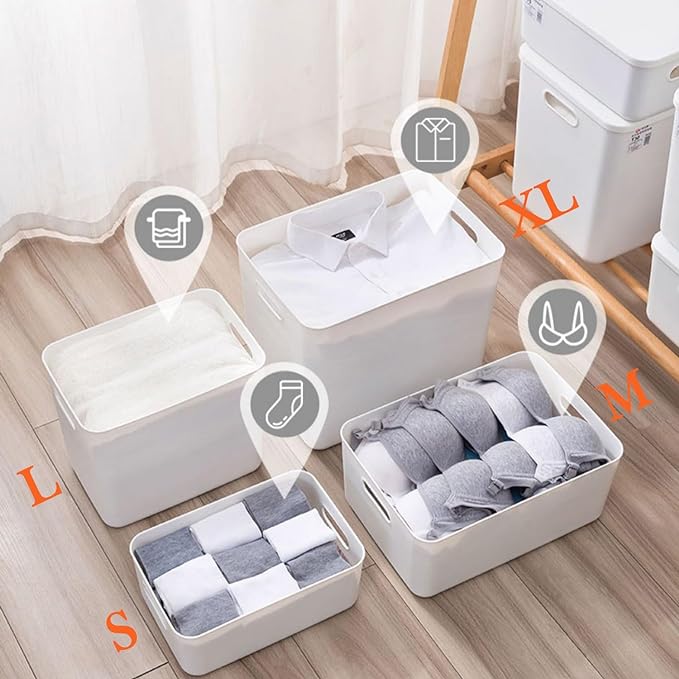 4 pack large plastic White storage bins with Lids, Toy Box Chest with Handle，Organizer Containers Baskets for Baby,Nursery，Shelves，Playroom, Bedroom，Office,Closet，home (White, 4M)