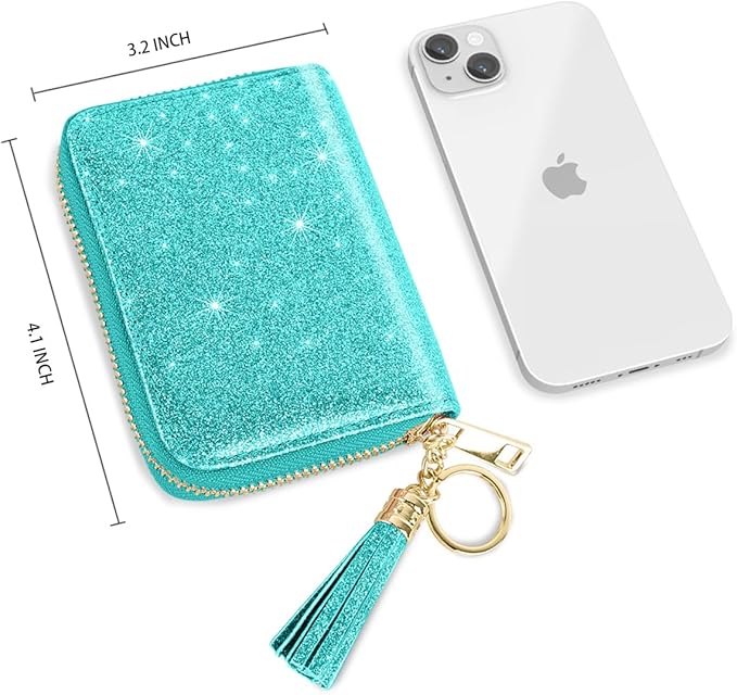 Coco Rossi Women's Small Credit Card Wallet RFID Cute Card Holder for Women with Tassel, Blue Green Glitter
