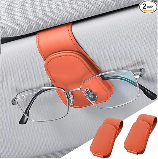 zipelo Sunglasses Holder for Car Sun Visor, 2 PCS Magnetic Leather Eyeglass Hanger, Sun Glasses Mount Clip on Visors, Ticket Card Cash Organizer, Auto Interior Accessories (Orange)