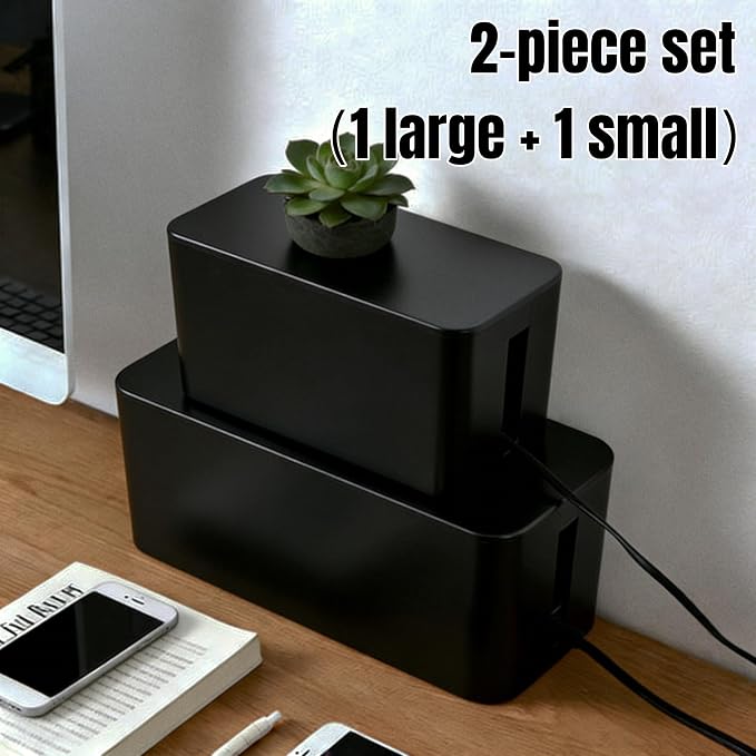 1 Large + 1 Small Cable Management Box Set – 2-Piece Cord Organizer Box, Home Office Desk Wire Storage & Cable Management Solution (Acryliclid lid/Black)