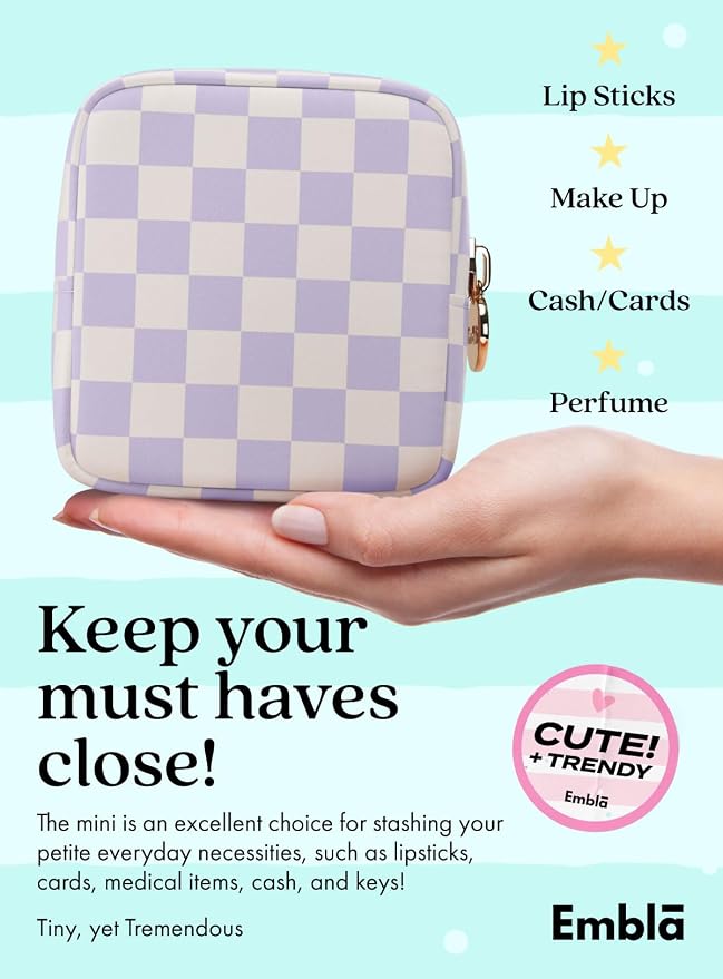 Embla Makeup Bag Travel Cosmetic Bag, Toiletry Bag, Cute Makeup Organizer, Nylon Zipper Pouch Purse Storage Bag Cosmetics Organizer, Womens Make Up Bag Mini Makeup Bags (Dusty Rose Checkered)