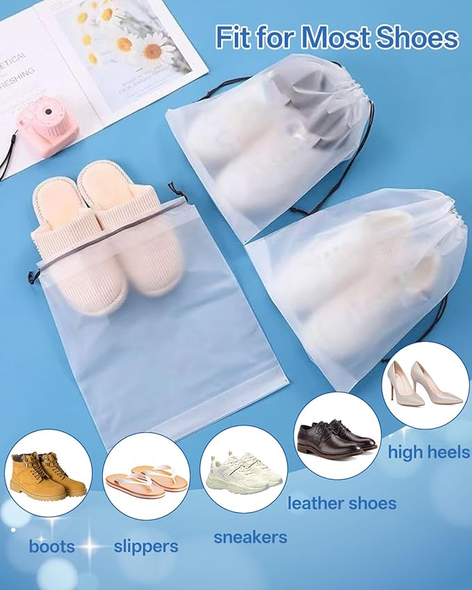 Teskyer 12 Pack Shoe Bags for Travel – Transparent, Waterproof, Portable Shoe Storage for Packing (15.7" x 11.8") – Travel Essentials for Men & Women