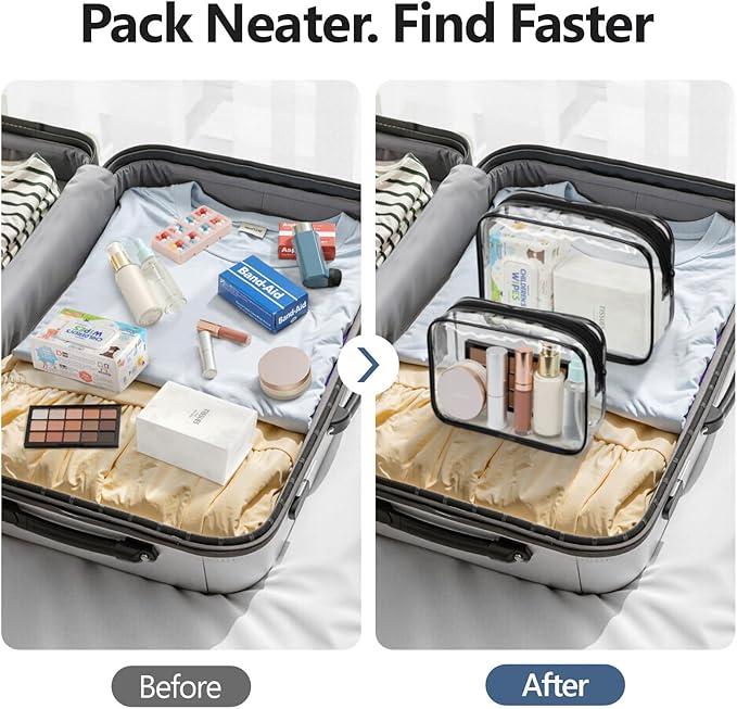 PACKISM TSA Approved Toiletry Bag 2 Pack - 1 Medium TSA Quart Carry-On & 1 Large for Checked Luggage, Water-resistant Clear Makeup Bag Clear Travel Bags for Toiletries, Active Black