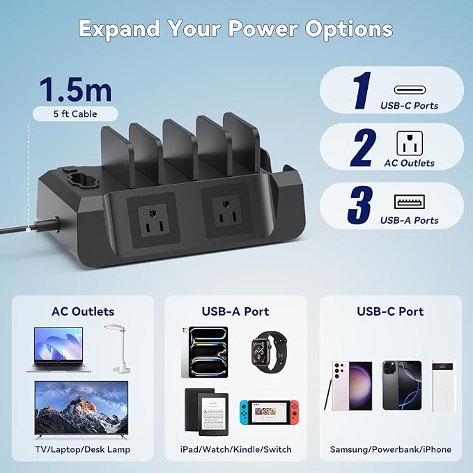 KDD Charging Station with 6 Charging Cables - Fast Charging 6 in 1 Cellphone Charging Dock with Headphone Stand and Watch Holder - 2 AC&USB A&USB C, Storage Station for Smartphone,Tablets, AppleWatch