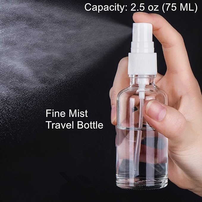 SINIDE Plastic Spray Bottles 75 ML - 8 Pack 2.5 oz Fine Mist Clear Travel Bottle Set, Empty Reusable Portable Refillable Makeup Sprayer Containers for Perfume, Liquids, Aromatherapy, Cleaning Solution