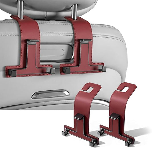 Car Hooks for Headrest, Multifunctional Luxurious Leather and Magnesium Alloy Car Seat Back Hook & Mobile Phone Holder, Double Headrest Hanger Storage Hook for Purses, Handbags (Red)