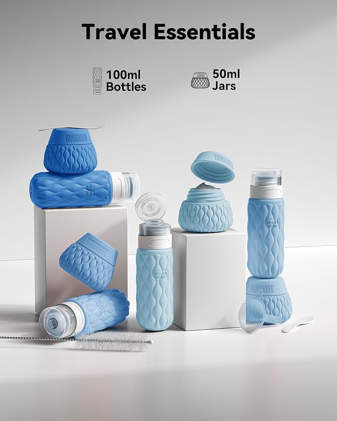Silicone Travel Bottles for Toiletries 8 Pack Travel Size Toiletries 3.4 oz 1.7 oz, Leakproof Squeeze Travel Size Containers Refillable Cosmetic Jars Set for Shampoo, Conditioner, Creams