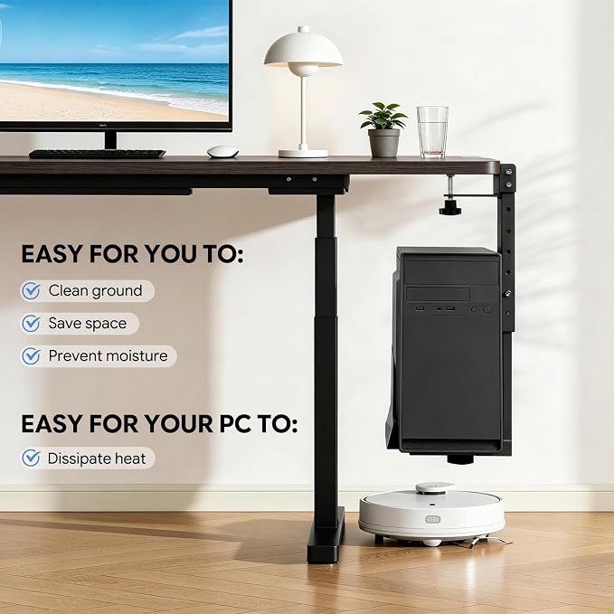TooCust Adjustable Under Desk PC Mount, Heavy Duty No Drilling Clamp Mount on Desk Fits Most PC Tower 14.5”-22.4” (H) , Thickened & Ultra Strong CPU Holder for Standing Desk & Home Office, Black