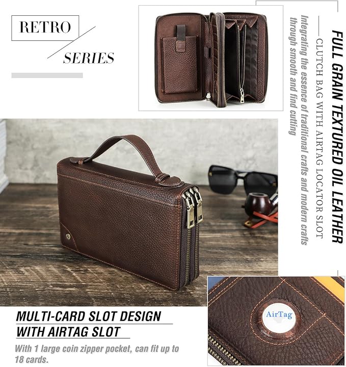Top Grain Genuine Leather Zipper Clutch Wallet for Man & Woman, Handmade Vintage Design, Multi Slots & Side Pocket & Strap, RFID Large Capacity for Cards/Checks/Passports/Phone/Pen/AirTag, Red Coffee