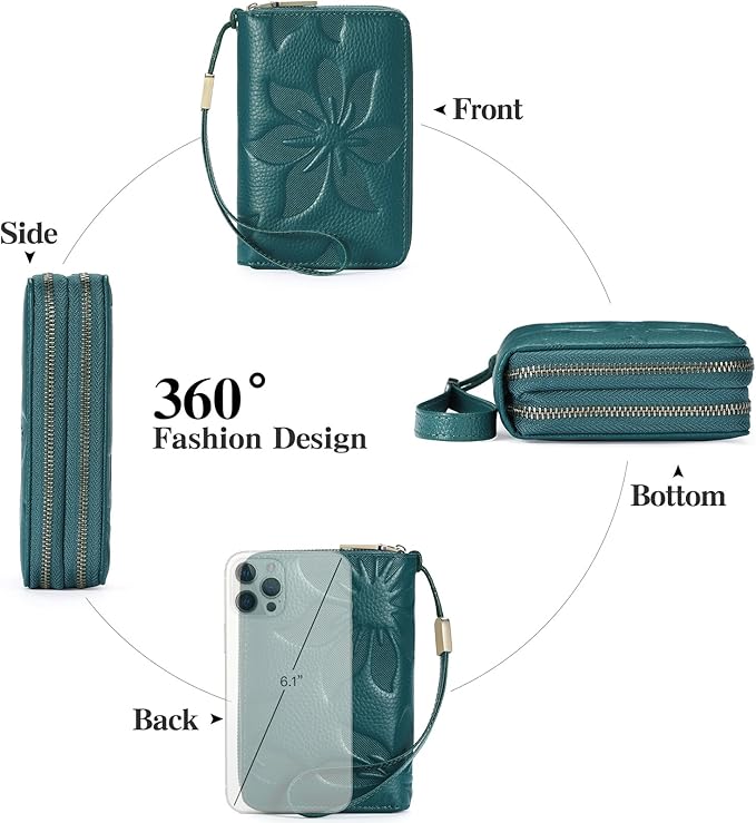 GOIACII Women's Wallet Double Zip Around Credit Card Holder Ladies Wallet Rfid Blocking Wristlet Purse Medium Size Leather Teal