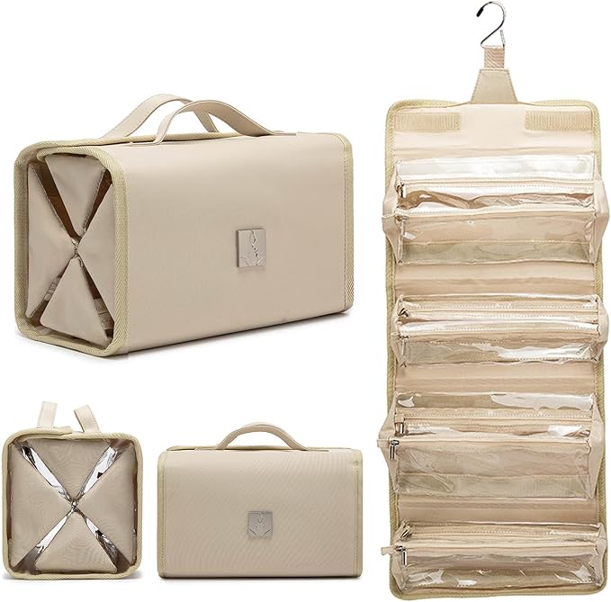 ROYALFAIR Roll Up Makeup Bag, Travel Toiletry Bag for Women with 4 Clear TSA Approved Pouches, Hanging Travel Organizer, Folding Cosmetic Bag for Men and Women